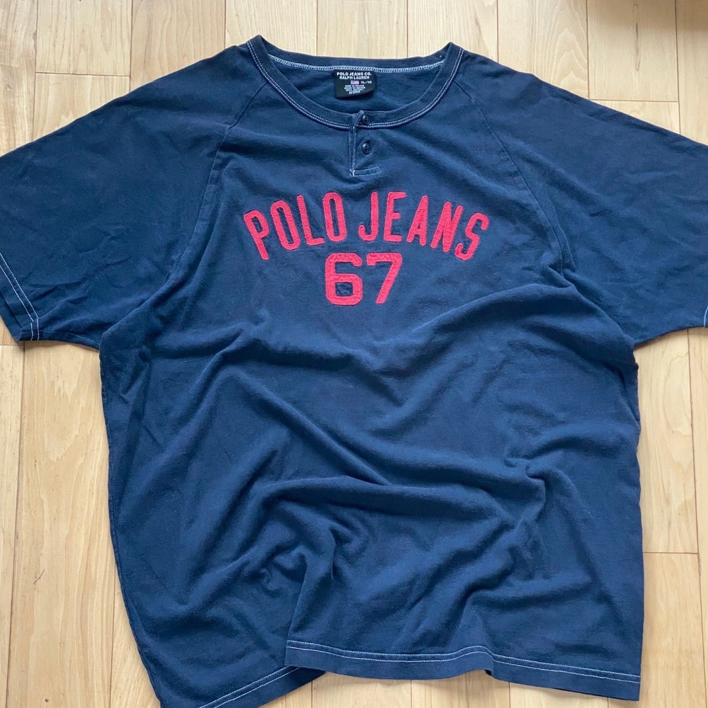 Polo Ralph Lauren Y2K Navy Patchwork Embroidery Henley Vintage Style Tee - XL
